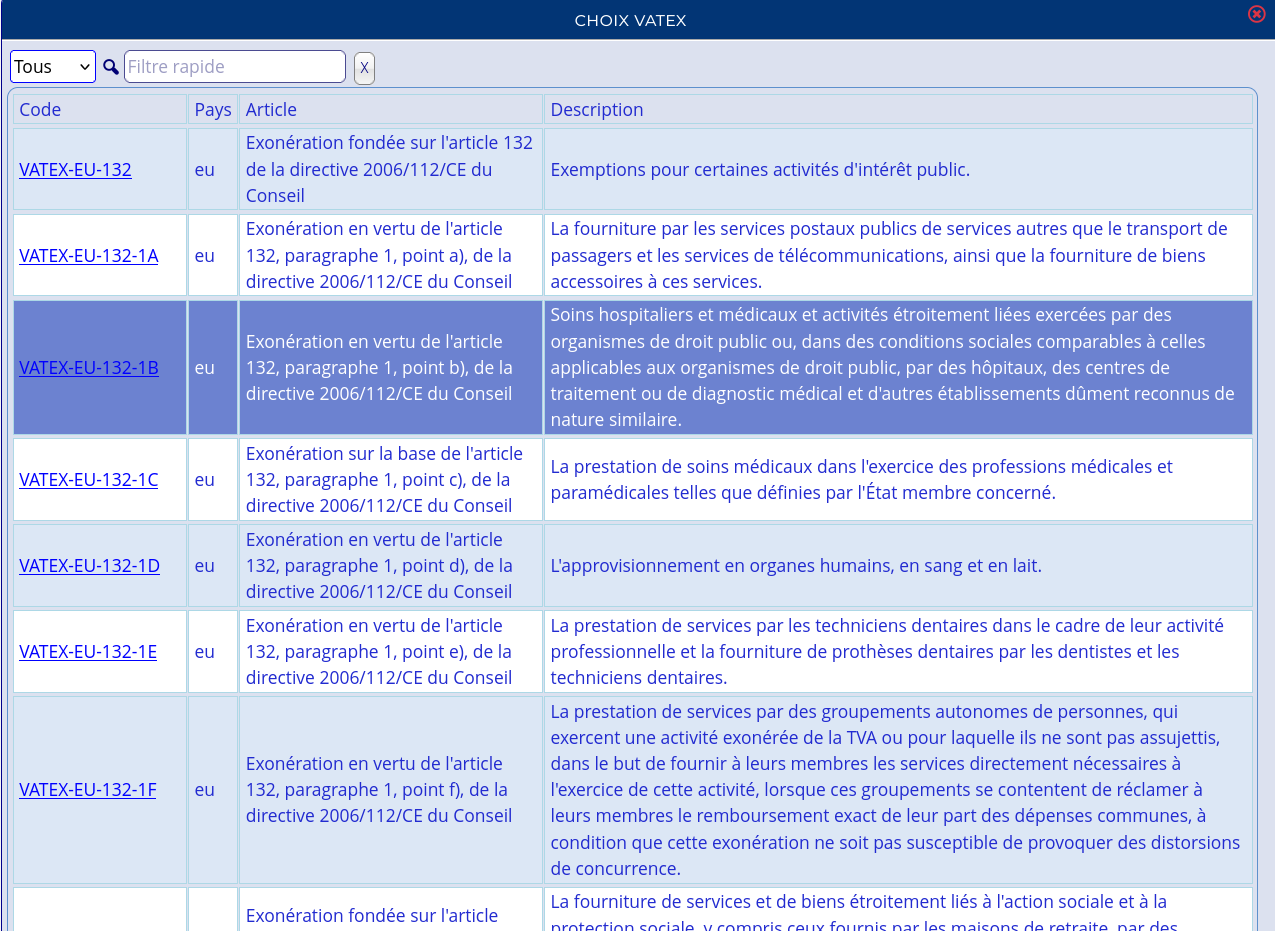 saisie du code VATEX